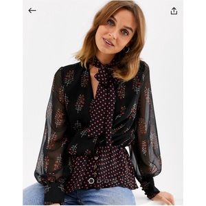 River Island Puss-Bow Blouse in Mixed Print